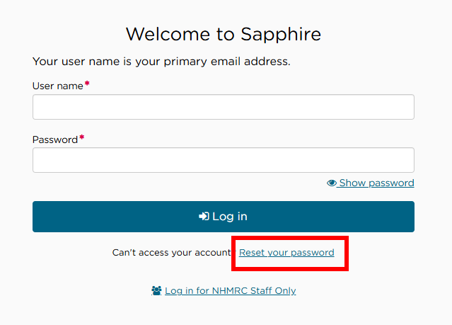 Login page with Password Reset highlighted
